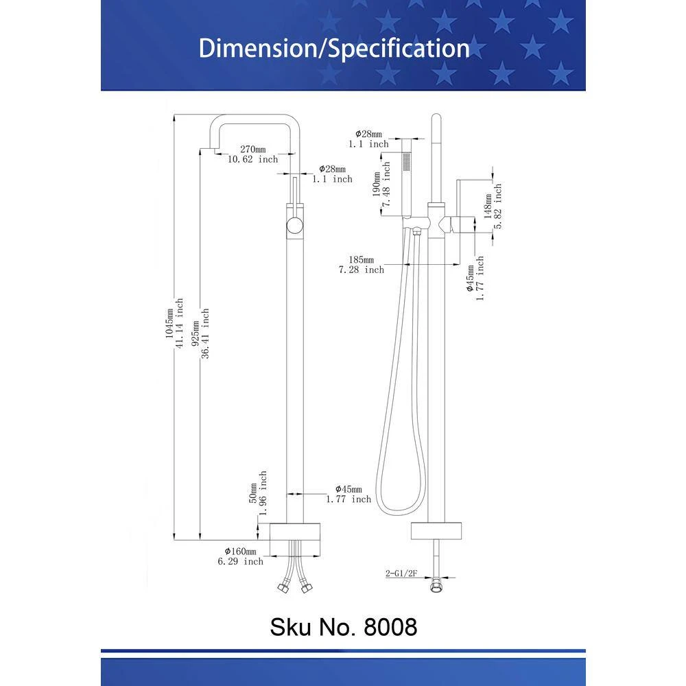 1-Handle Freestanding Tub Faucet With Hand Shower With Waterfall In Brushed Gold 3 1-Handle Freestanding Tub Faucet With Hand Shower With Waterfall In Brushed Gold - Image 3