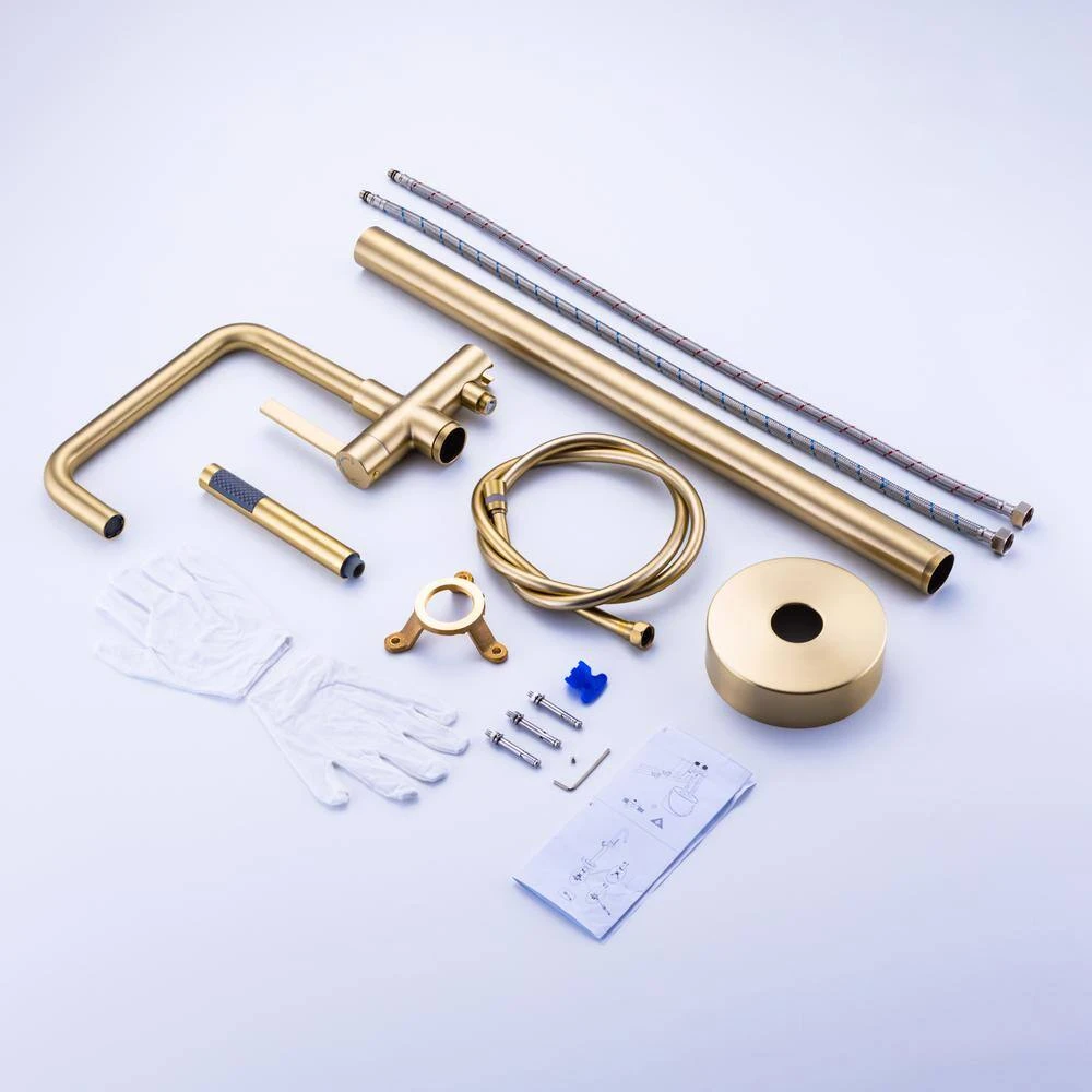 1-Handle Freestanding Tub Faucet With Hand Shower With Waterfall In Brushed Gold 8 1-Handle Freestanding Tub Faucet With Hand Shower With Waterfall In Brushed Gold - Image 8