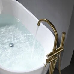 Single-Handle Freestanding Waterfall Tub Filler Bathroom Tub Faucet With Handheld Shower In Brushed Gold -FURITURE SALE SHOP brushed gold claw foot tub faucets q xy hs117 77ng 04 44 1000
