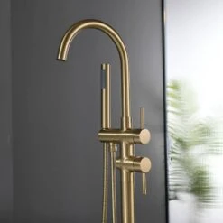 Single-Handle Freestanding Waterfall Tub Filler Bathroom Tub Faucet With Handheld Shower In Brushed Gold -FURITURE SALE SHOP brushed gold claw foot tub faucets q xy hs117 77ng 04 4f 1000