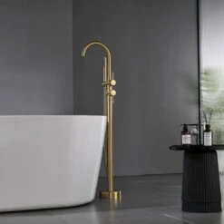 Single-Handle Freestanding Waterfall Tub Filler Bathroom Tub Faucet With Handheld Shower In Brushed Gold -FURITURE SALE SHOP brushed gold claw foot tub faucets q xy hs117 77ng 04 c3 1000