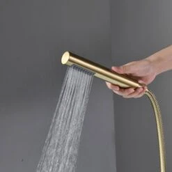 Single-Handle Freestanding Waterfall Tub Filler Bathroom Tub Faucet With Handheld Shower In Brushed Gold -FURITURE SALE SHOP brushed gold claw foot tub faucets q xy hs117 77ng 04 fa 1000