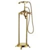 3-Handle Freestanding Swivel Spout Foot Tub Faucet With Hand Shower In Brushed Gold