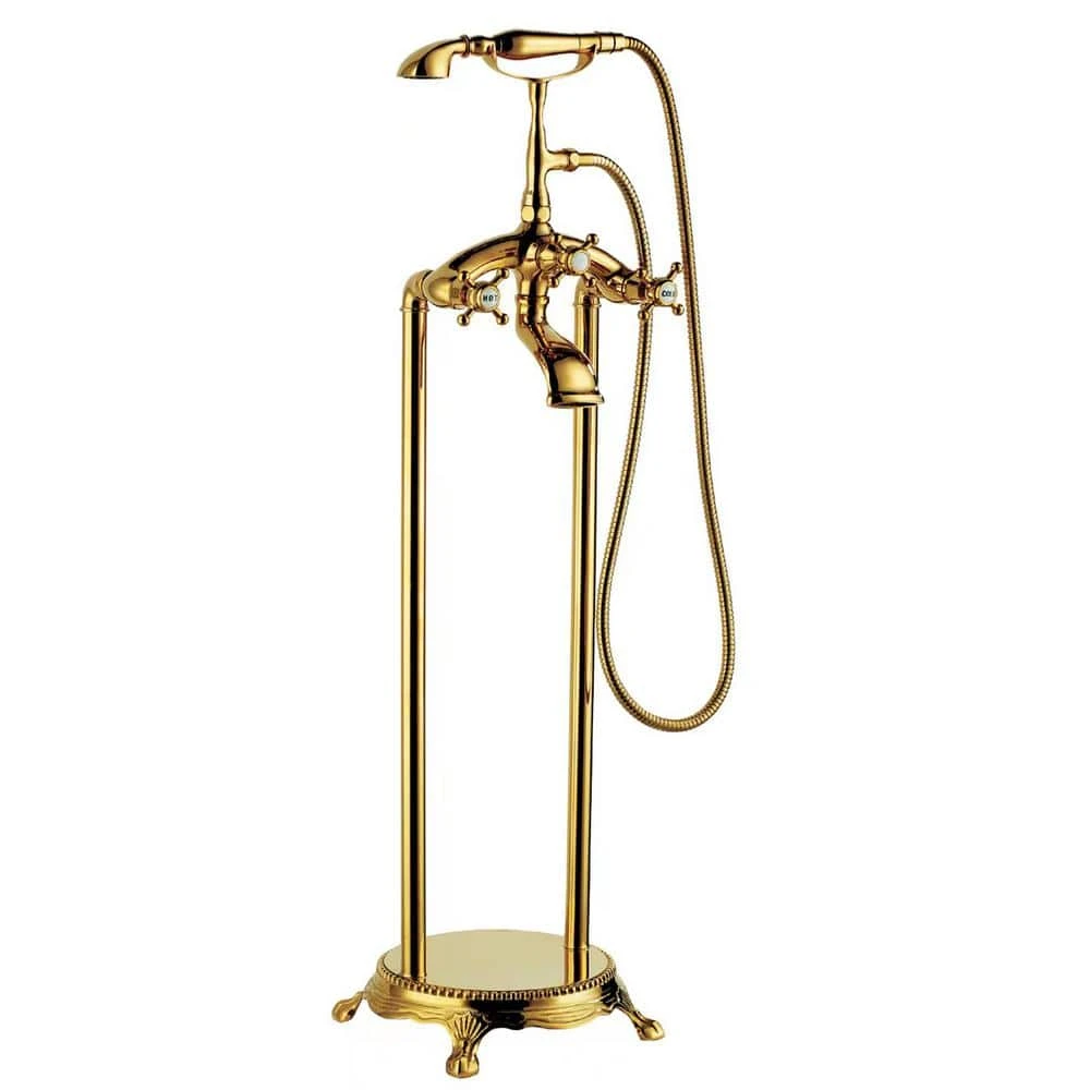 3-Handle Freestanding Swivel Spout Foot Tub Faucet With Hand Shower In Brushed Gold 1 3-Handle Freestanding Swivel Spout Foot Tub Faucet With Hand Shower In Brushed Gold