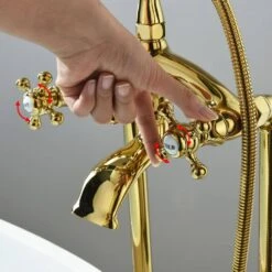 3-Handle Freestanding Swivel Spout Foot Tub Faucet With Hand Shower In Brushed Gold 16 3-Handle Freestanding Swivel Spout Foot Tub Faucet With Hand Shower In Brushed Gold -FURITURE SALE SHOP brushed gold claw foot tub faucets q ybs 7001y bg 76 1000