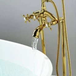 3-Handle Freestanding Swivel Spout Foot Tub Faucet With Hand Shower In Brushed Gold 11 3-Handle Freestanding Swivel Spout Foot Tub Faucet With Hand Shower In Brushed Gold -FURITURE SALE SHOP brushed gold claw foot tub faucets q ybs 7001y bg c3 1000