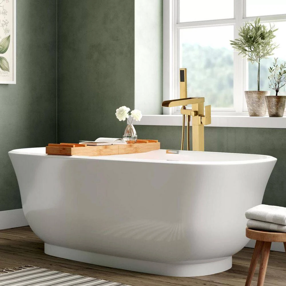 1-Handle Swivel Spout Freestanding Waterfall Tub Filler With Hand Shower In Brushed Gold 7 1-Handle Swivel Spout Freestanding Waterfall Tub Filler With Hand Shower In Brushed Gold - Image 7