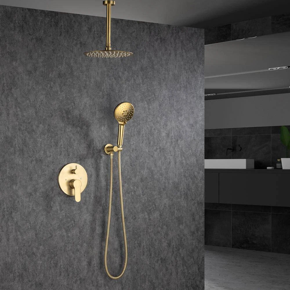 3-Spray Patterns With 2.5 GPM 12 In. Ceiling Mounted Dual Shower Heads Shower System Mix Set In Brushed Gold 8 3-Spray Patterns With 2.5 GPM 12 In. Ceiling Mounted Dual Shower Heads Shower System Mix Set In Brushed Gold - Image 8