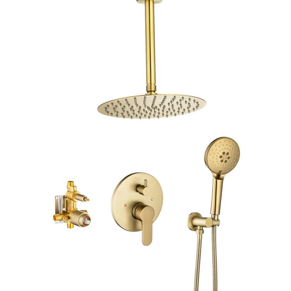 3-Spray Patterns With 2.5 GPM 12 In. Ceiling Mounted Dual Shower Heads Shower System Mix Set In Brushed Gold 1 3-Spray Patterns With 2.5 GPM 12 In. Ceiling Mounted Dual Shower Heads Shower System Mix Set In Brushed Gold