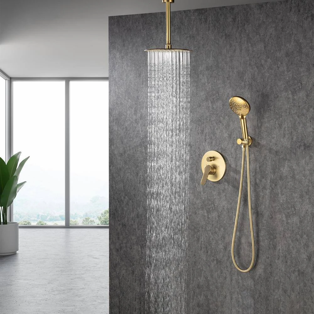 3-Spray Patterns With 2.5 GPM 12 In. Ceiling Mounted Dual Shower Heads Shower System Mix Set In Brushed Gold 7 3-Spray Patterns With 2.5 GPM 12 In. Ceiling Mounted Dual Shower Heads Shower System Mix Set In Brushed Gold - Image 7