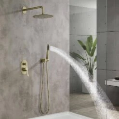 2-Spray Wall Mounted Fixed And Handheld Shower Head Waterfall Rain Shower System In Brushed Gold -FURITURE SALE SHOP brushed gold dual shower heads x nk0735 44 1000
