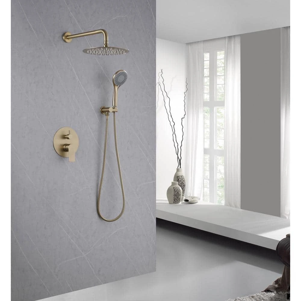 1-Spray Dual Wall Mounted Fixed And Handheld Shower Head 2.5 GPM Rain Shower Faucet In Brushed Gold 1 1-Spray Dual Wall Mounted Fixed And Handheld Shower Head 2.5 GPM Rain Shower Faucet In Brushed Gold