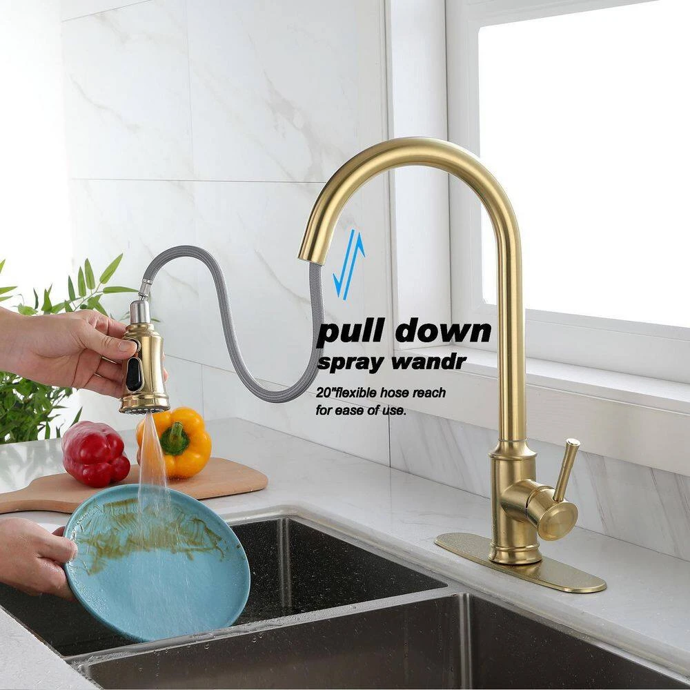 Single-Handle Touch High Arc Stainless Steel Pull Out Sprayer Kitchen Faucet In Brushed Gold 4 Single-Handle Touch High Arc Stainless Steel Pull Out Sprayer Kitchen Faucet In Brushed Gold - Image 4
