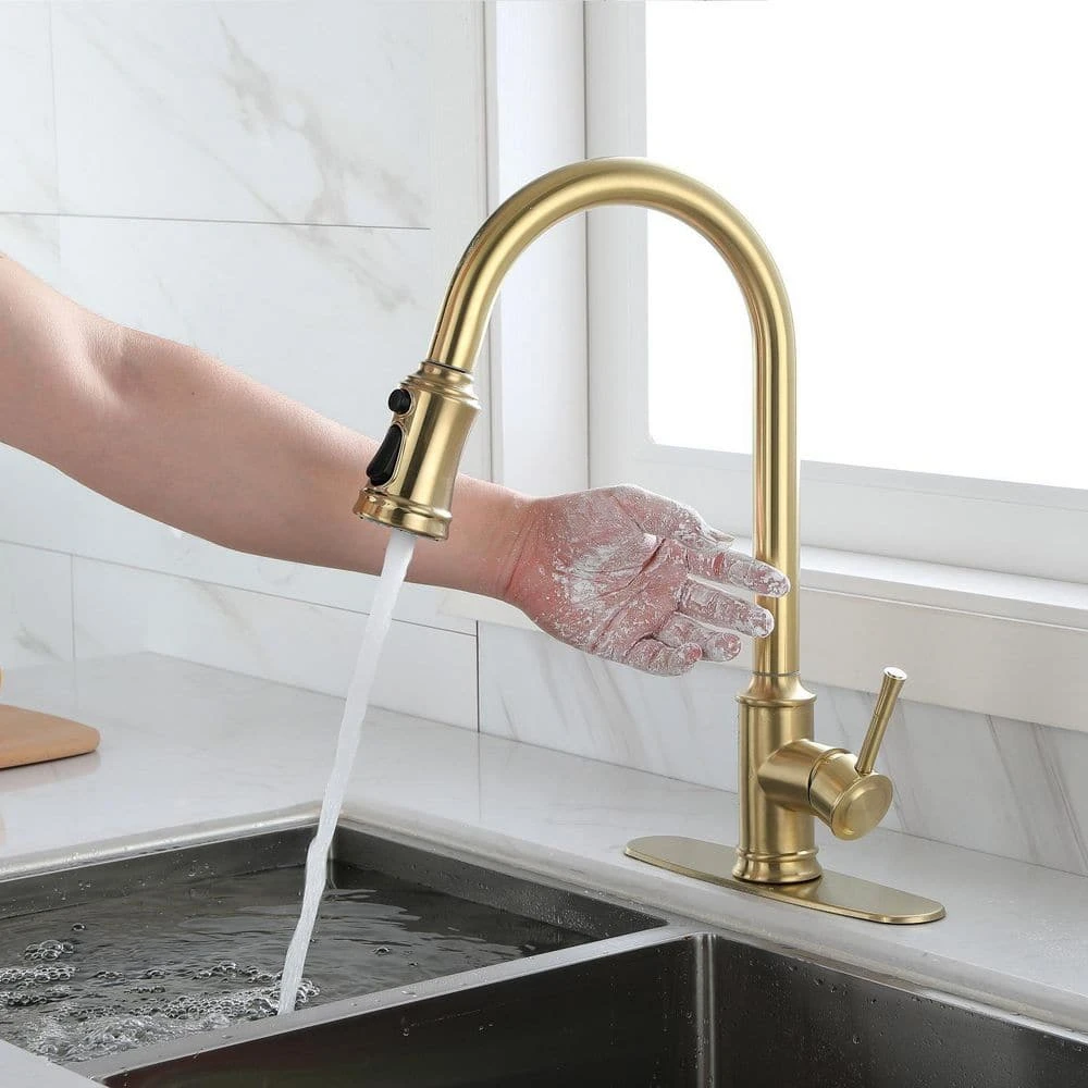 Single-Handle Touch High Arc Stainless Steel Pull Out Sprayer Kitchen Faucet In Brushed Gold 6 Single-Handle Touch High Arc Stainless Steel Pull Out Sprayer Kitchen Faucet In Brushed Gold - Image 6