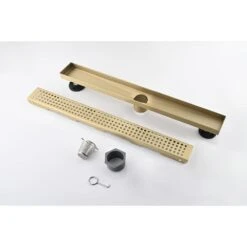 12 Inches Linear Shower Drain With Removable Quadrato Pattern Grate, Included Hair Strainer And Leveling Feet -FURITURE SALE SHOP brushed gold shower drains z w928p199345 4f 1000