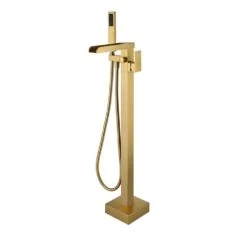Single Handle Free Standing Waterfall Tub Filler Bathroom Tub Faucet With Handheld Shower In Brushed Gold