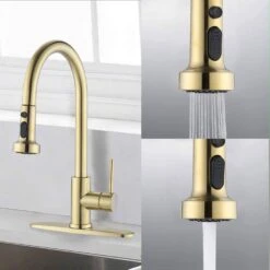 Single Handle Deck Mount Gooseneck Pull Down Sprayer Kitchen Faucet With Deckplate And Soap Dispenser In Brushed Gold -FURITURE SALE SHOP brushed gold tahanbath pull down kitchen faucets ms d3412 bg i805bg zq 66 1000