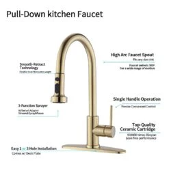 Single Handle Deck Mount Gooseneck Pull Down Sprayer Kitchen Faucet With Deckplate And Soap Dispenser In Brushed Gold -FURITURE SALE SHOP brushed gold tahanbath pull down kitchen faucets ms d3412 bg i805bg zq 76 1000