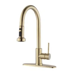 Single Handle Deck Mount Gooseneck Pull Down Sprayer Kitchen Faucet With Deckplate Handles In Brushed Gold