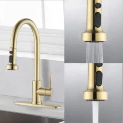 Single Handle Deck Mount Gooseneck Pull Down Sprayer Kitchen Faucet With Deckplate Handles In Brushed Gold -FURITURE SALE SHOP brushed gold tahanbath pull down kitchen faucets ms d3412 bg zq 66 1000