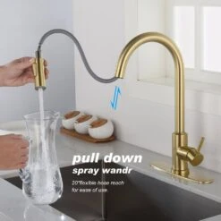 Single Handle Wall Mount Gooseneck Pull Down Sprayer Kitchen Faucet With Deckplate Included And Handle In Brushed Gold -FURITURE SALE SHOP brushed gold tahanbath pull down kitchen faucets w928 th9001lsj zq 1f 1000