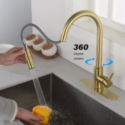 Single Handle Wall Mount Gooseneck Pull Down Sprayer Kitchen Faucet With Deckplate Included And Handle In Brushed Gold -FURITURE SALE SHOP brushed gold tahanbath pull down kitchen faucets w928 th9001lsj zq 4f 1000