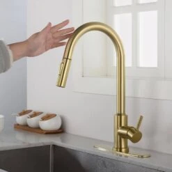 Single Handle Wall Mount Gooseneck Pull Down Sprayer Kitchen Faucet With Deckplate Included And Handle In Brushed Gold -FURITURE SALE SHOP brushed gold tahanbath pull down kitchen faucets w928 th9001lsj zq 76 1000