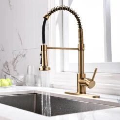 Commercial Brushed Nickel Kitchen Faucet With Pull Down Sprayer, Single Lever Kitchen Sink Faucet With Deck Plate -FURITURE SALE SHOP brushed gold tahanbath pull down kitchen faucets z w1932p172308 31 1000