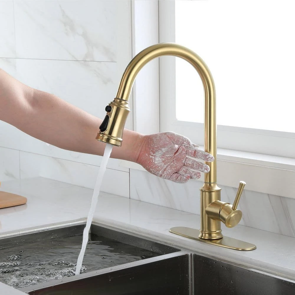 Brushed Gold 16.53 In. H Pull Down Sprayer Kitchen Faucet With 360 ° Spout Swivel 4 Brushed Gold 16.53 In. H Pull Down Sprayer Kitchen Faucet With 360 ° Spout Swivel - Image 4