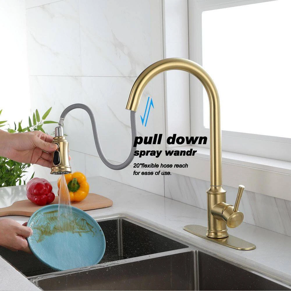 Brushed Gold 16.53 In. H Pull Down Sprayer Kitchen Faucet With 360 ° Spout Swivel 2 Brushed Gold 16.53 In. H Pull Down Sprayer Kitchen Faucet With 360 ° Spout Swivel - Image 2