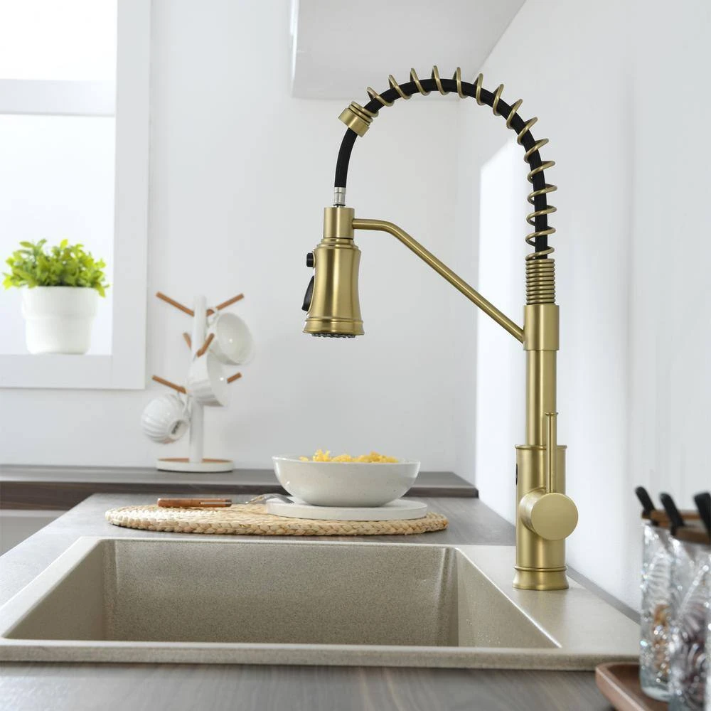 18.7 In. H Single Handle Pull Out Sprayer Kitchen Faucet With 360° Spout Swivel In Brushed Gold 10 18.7 In. H Single Handle Pull Out Sprayer Kitchen Faucet With 360° Spout Swivel In Brushed Gold - Image 10