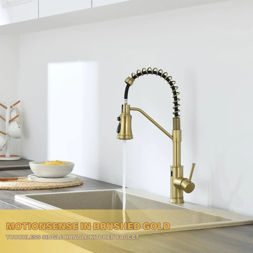 18.7 In. H Single Handle Pull Out Sprayer Kitchen Faucet With 360° Spout Swivel In Brushed Gold 5 18.7 In. H Single Handle Pull Out Sprayer Kitchen Faucet With 360° Spout Swivel In Brushed Gold - Image 5
