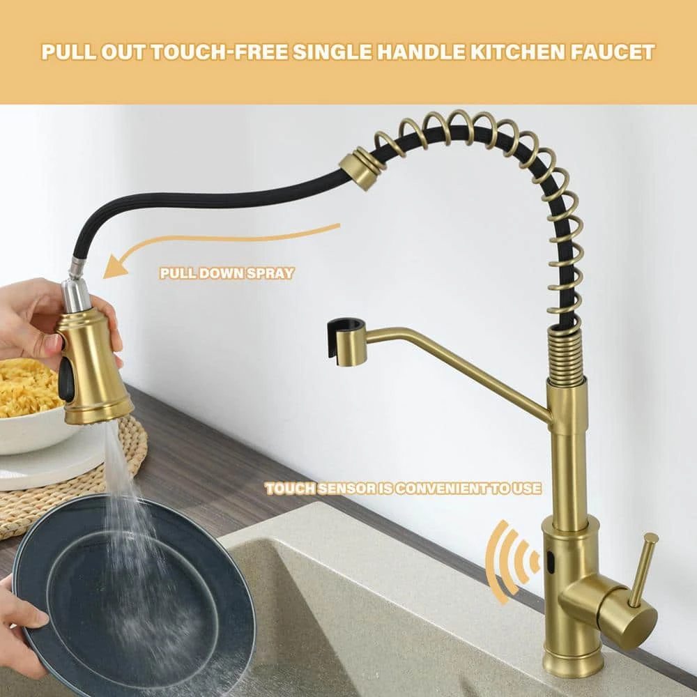 18.7 In. H Single Handle Pull Out Sprayer Kitchen Faucet With 360° Spout Swivel In Brushed Gold 3 18.7 In. H Single Handle Pull Out Sprayer Kitchen Faucet With 360° Spout Swivel In Brushed Gold - Image 3