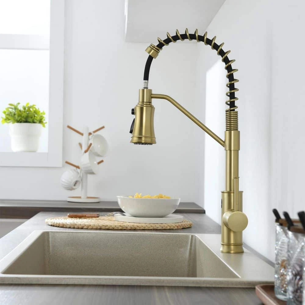 18.7 In.H Single Handle Pull Out Sprayer Kitchen Faucet In Brushed Gold With 360° Spout Swivel 2 18.7 In.H Single Handle Pull Out Sprayer Kitchen Faucet In Brushed Gold With 360° Spout Swivel - Image 2