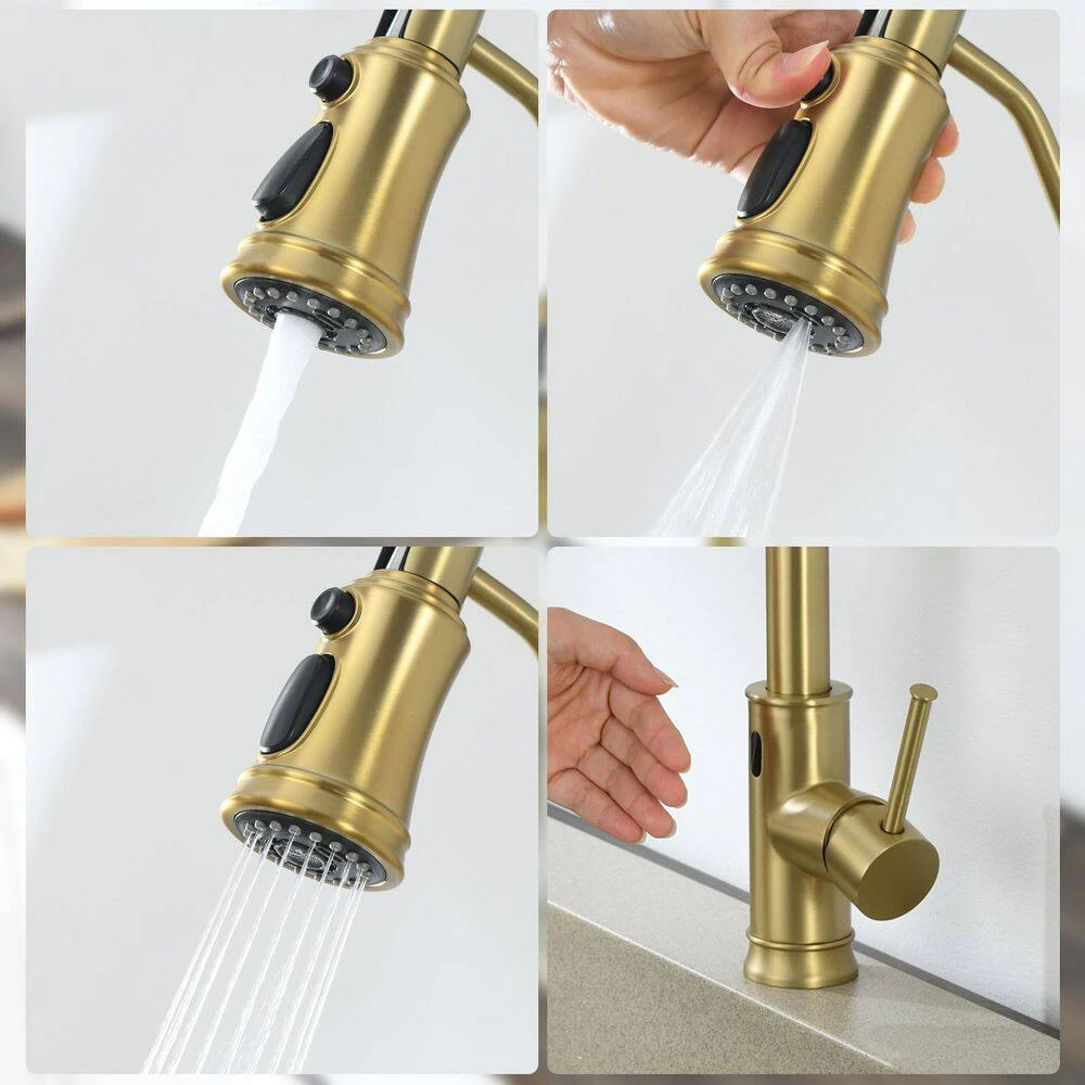 18.7 In.H Single Handle Pull Out Sprayer Kitchen Faucet In Brushed Gold With 360° Spout Swivel 8 18.7 In.H Single Handle Pull Out Sprayer Kitchen Faucet In Brushed Gold With 360° Spout Swivel - Image 8