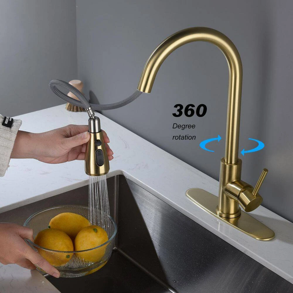16.53 In Brushed Gold 360 Degree Spout Swivel Kitchen Faucet With Pull Out Spraye 7 16.53 In Brushed Gold 360 Degree Spout Swivel Kitchen Faucet With Pull Out Spraye - Image 7
