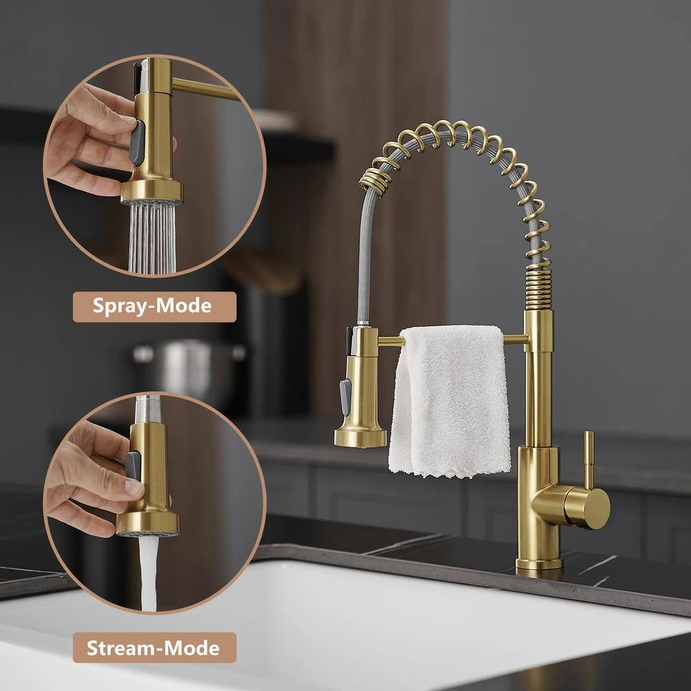 Single Handle Pull Out Sprayer Kitchen Faucet In Brushed Gold 5 Single Handle Pull Out Sprayer Kitchen Faucet In Brushed Gold - Image 5