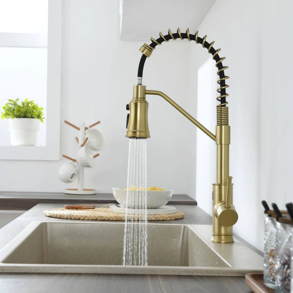 18.7 In Single Handle Pull Out Sprayer 360 Degree Spout Swivel Kitchen Faucet In Brushed Gold 2 18.7 In Single Handle Pull Out Sprayer 360 Degree Spout Swivel Kitchen Faucet In Brushed Gold - Image 2