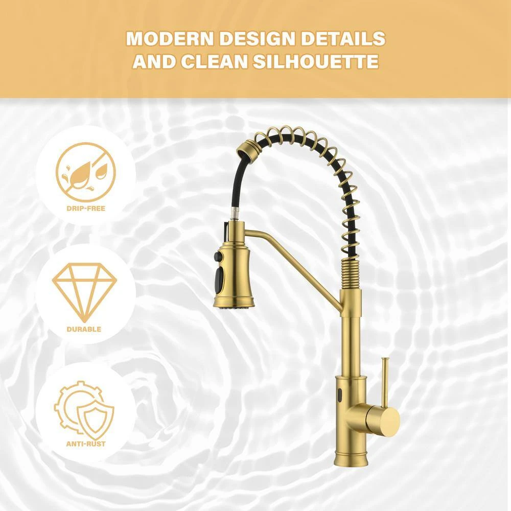 18.7 In Single Handle Pull Out Sprayer 360 Degree Spout Swivel Kitchen Faucet In Brushed Gold 9 18.7 In Single Handle Pull Out Sprayer 360 Degree Spout Swivel Kitchen Faucet In Brushed Gold - Image 9