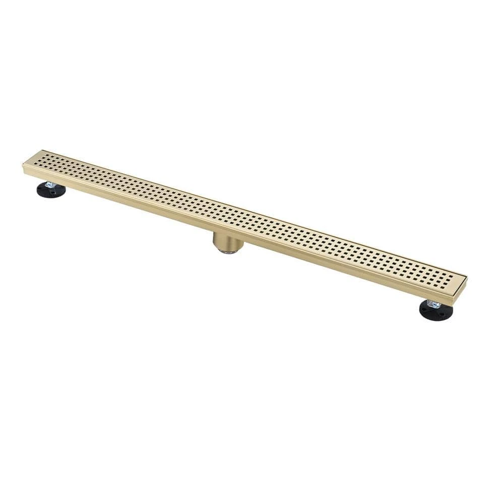 36 In. Linear Shower Drain, Included Hair Strainer And Leveling Feet In Brushed Gold 1 36 In. Linear Shower Drain, Included Hair Strainer And Leveling Feet In Brushed Gold