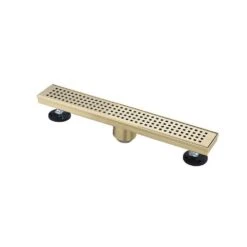 12 In. Linear Shower Drain With Removable Quadrato Pattern Grate Hair Strainer And Leveling Ft. In Brushed Gold