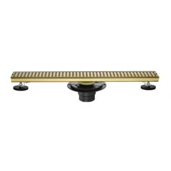 24in Square Shower Floor Drain With Flange, Pattern Grate Removable, Food-Grade SUS 304 Stainless Steel In Brushed Gold