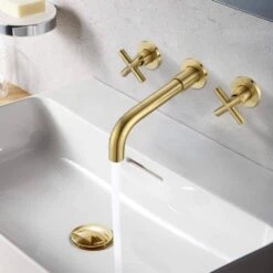 Double Handle Bathroom Faucet Wall Mounted Bathroom Sink Faucet In Brushed Gold -FURITURE SALE SHOP brushed gold tahanbath wall mounted faucets y w2287 p185563 31 1000