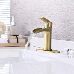 Brushed Nickel Waterfall Single-Handle Vanity Faucet, 1/3-Hole, W/Deck Plate & Pop-Up Drain -FURITURE SALE SHOP brushed gold tahanbath wall mounted faucets z k w1224p227673 31 1000