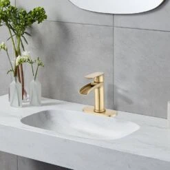 Brushed Nickel Waterfall Single-Handle Vanity Faucet, 1/3-Hole, W/Deck Plate & Pop-Up Drain -FURITURE SALE SHOP brushed gold tahanbath wall mounted faucets z k w1224p227673 fa 1000
