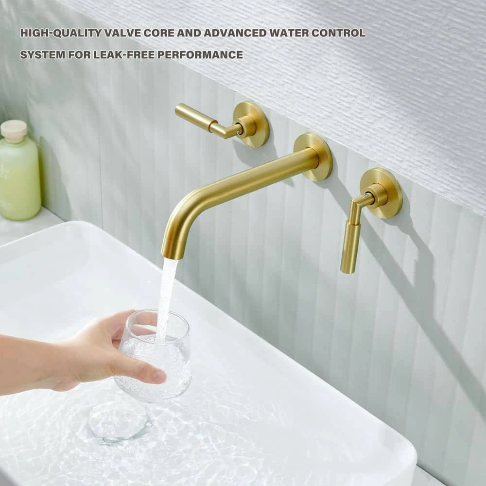 3-Hole 2-Handles Brass Wall-Mount Bathroom Faucet In Brushed Gold 6 3-Hole 2-Handles Brass Wall-Mount Bathroom Faucet In Brushed Gold - Image 6