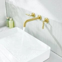 3-Hole 2-Handles Brass Wall-Mount Bathroom Faucet In Brushed Gold 19 3-Hole 2-Handles Brass Wall-Mount Bathroom Faucet In Brushed Gold -FURITURE SALE SHOP brushed gold tahanbath wall mounted faucets z w1224p206893 31 1000