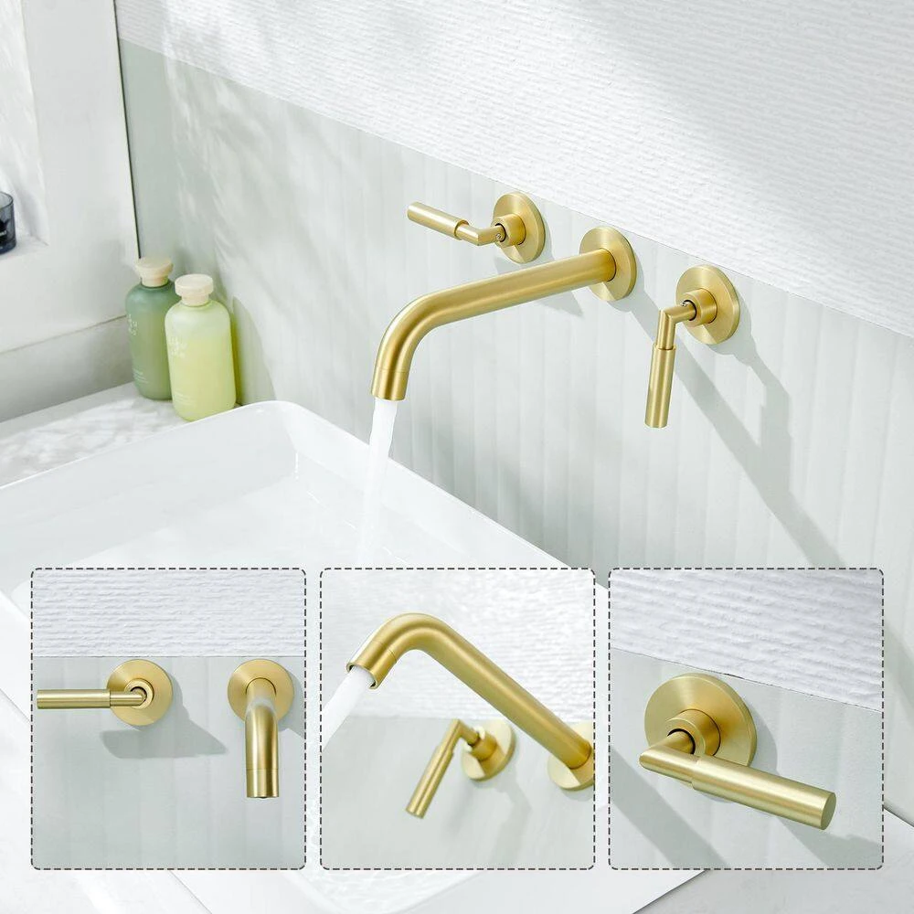 3-Hole 2-Handles Brass Wall-Mount Bathroom Faucet In Brushed Gold 5 3-Hole 2-Handles Brass Wall-Mount Bathroom Faucet In Brushed Gold - Image 5
