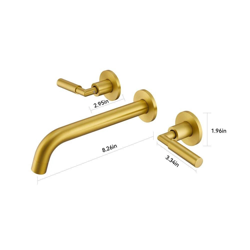 3-Hole 2-Handles Brass Wall-Mount Bathroom Faucet In Brushed Gold 4 3-Hole 2-Handles Brass Wall-Mount Bathroom Faucet In Brushed Gold - Image 4