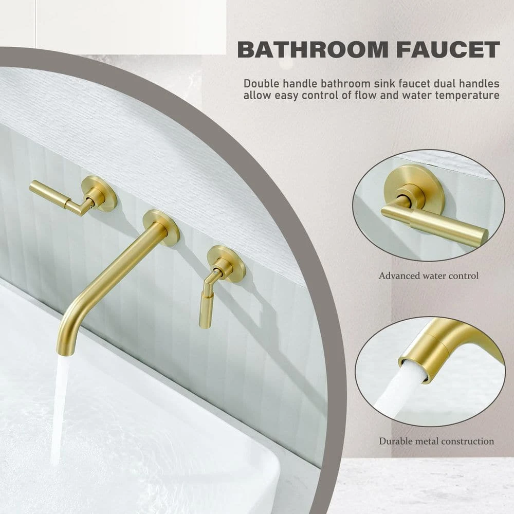 3-Hole 2-Handles Brass Wall-Mount Bathroom Faucet In Brushed Gold 8 3-Hole 2-Handles Brass Wall-Mount Bathroom Faucet In Brushed Gold - Image 8